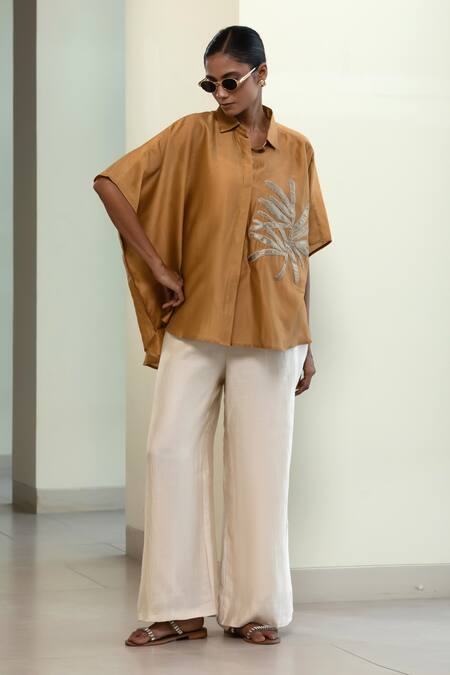 Eeda_Beige Chanderi Silk Patchwork Collared Kaftan-style Shirt With _Online_at_Aza_Fashions