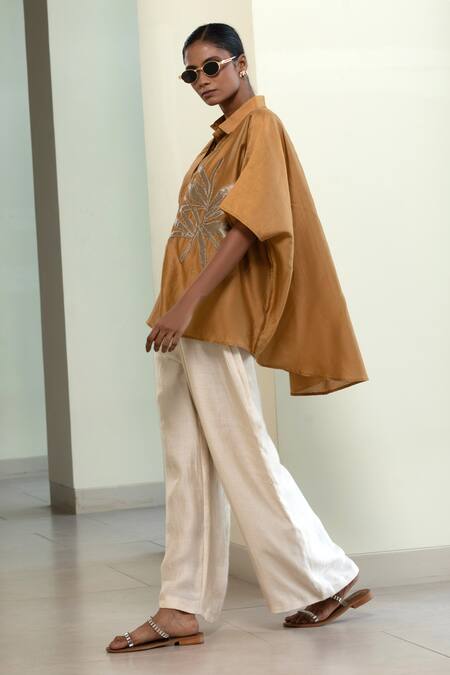 Buy_Eeda_Beige Chanderi Silk Patchwork Collared Kaftan-style Shirt With _Online_at_Aza_Fashions