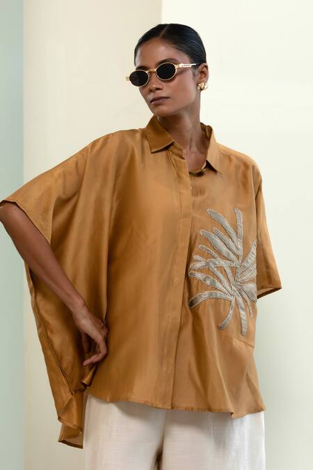 Shop_Eeda_Beige Chanderi Silk Patchwork Collared Kaftan-style Shirt With _Online_at_Aza_Fashions