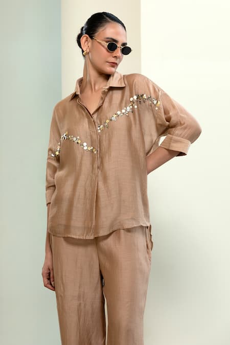 Eeda_Beige Sequins Collared Embellished Shirt With Slip _Online_at_Aza_Fashions