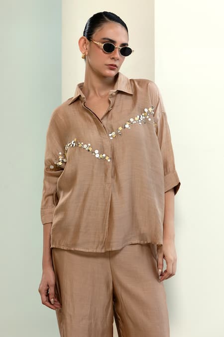 Buy_Eeda_Beige Sequins Collared Embellished Shirt With Slip _Online_at_Aza_Fashions