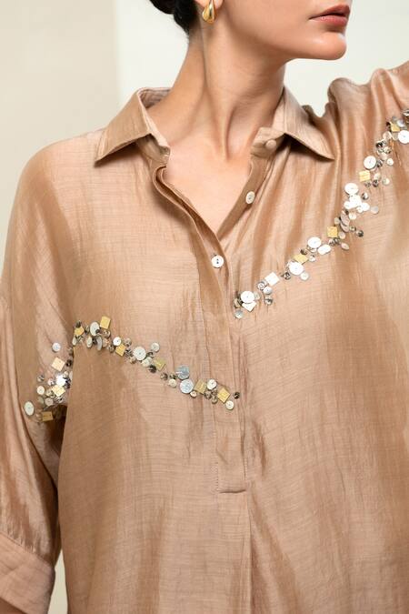 Shop_Eeda_Beige Sequins Collared Embellished Shirt With Slip _Online_at_Aza_Fashions