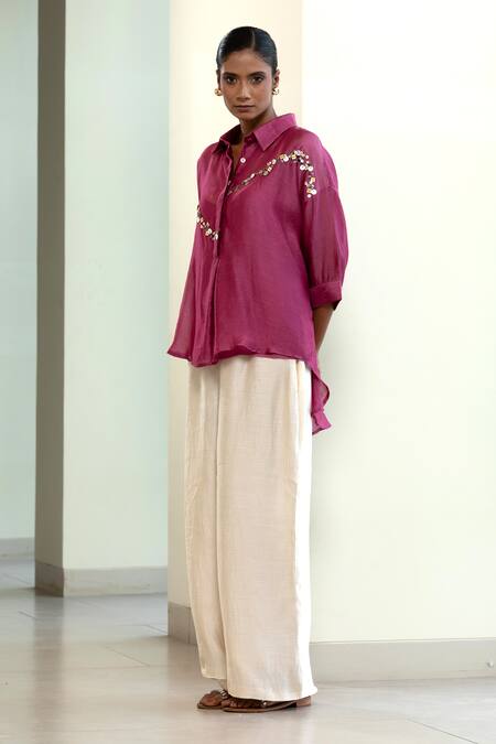 Eeda_Purple Sequins Collared Embroidered Abstract Shirt With Slip _Online_at_Aza_Fashions