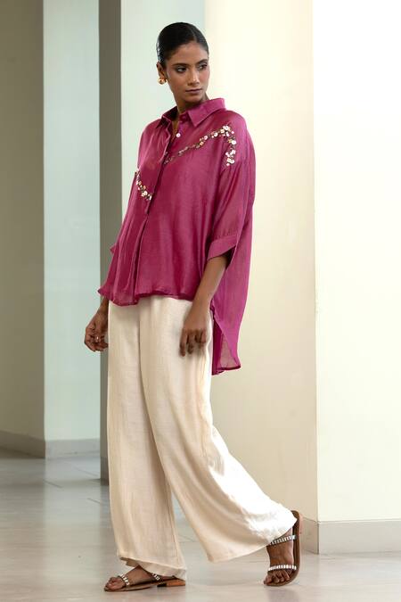 Buy_Eeda_Purple Sequins Collared Embroidered Abstract Shirt With Slip _Online_at_Aza_Fashions