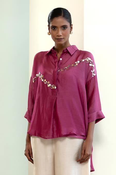 Shop_Eeda_Purple Sequins Collared Embroidered Abstract Shirt With Slip _Online_at_Aza_Fashions