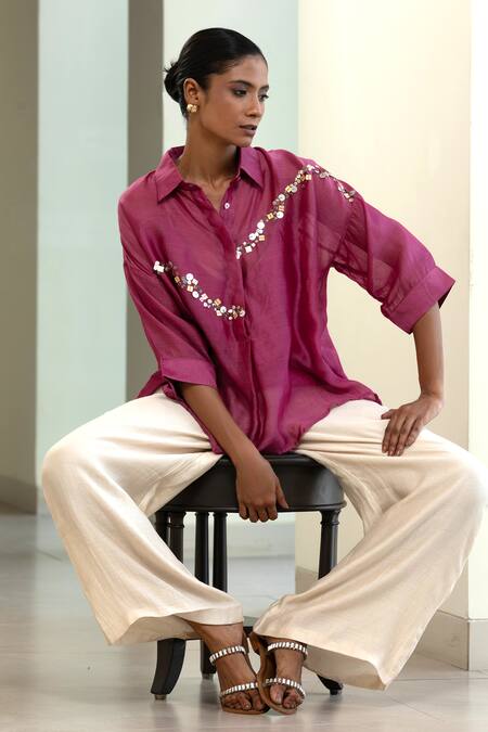 Eeda_Purple Sequins Collared Embroidered Abstract Shirt With Slip _at_Aza_Fashions