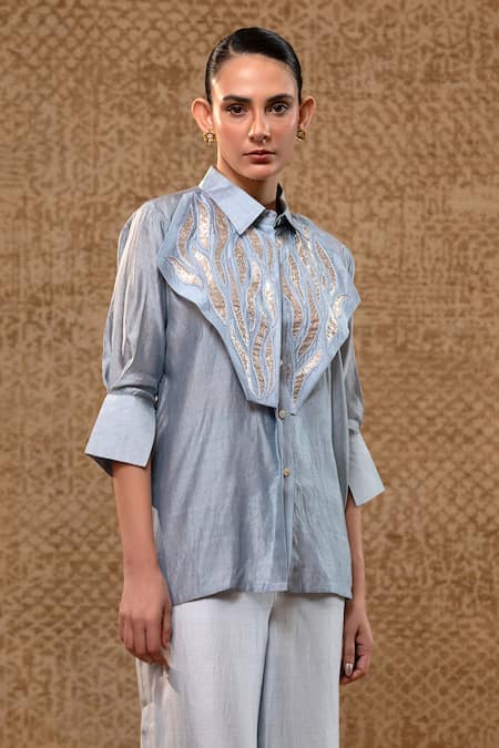 Eeda Sky Blue Chanderi Silk Patchwork Collared Metallic Shirt And Pant Set Online at Aza Fashions Eeda_Sky Blue Chanderi Silk Patchwork Collared Metallic Shirt And Pant Set _Online_at_Aza_Fashions