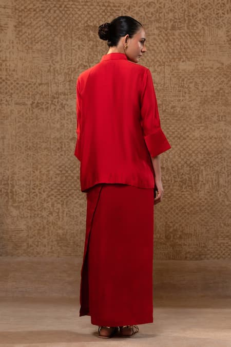 Eeda Metallic Patchwork Silk Shirt & Skirt Set 