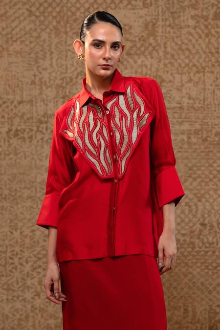 Eeda_Red Patchwork, Metallic Thread, Embroidery Collared Silk Shirt And Skirt Set _Online_at_Aza_Fashions