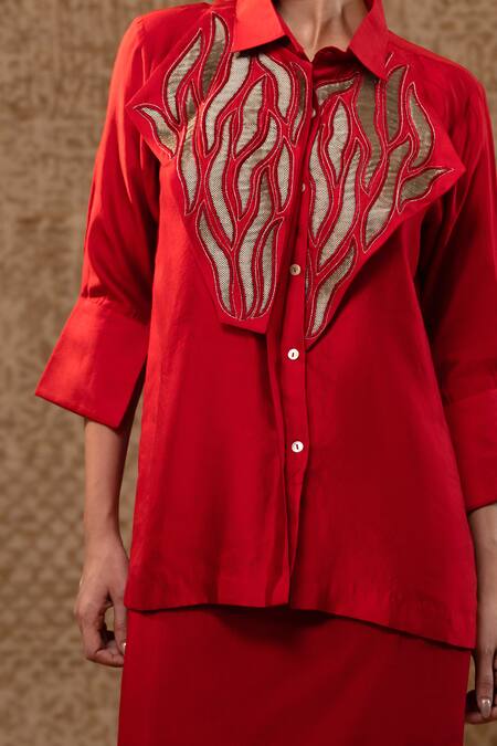 Shop_Eeda_Red Patchwork, Metallic Thread, Embroidery Collared Silk Shirt And Skirt Set _Online_at_Aza_Fashions