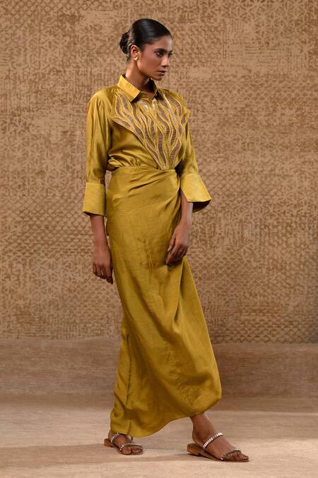 Eeda_Mustard Embroidery, Patchwork Collared Metallic Silk Shirt And Wrap Skirt _Online_at_Aza_Fashions