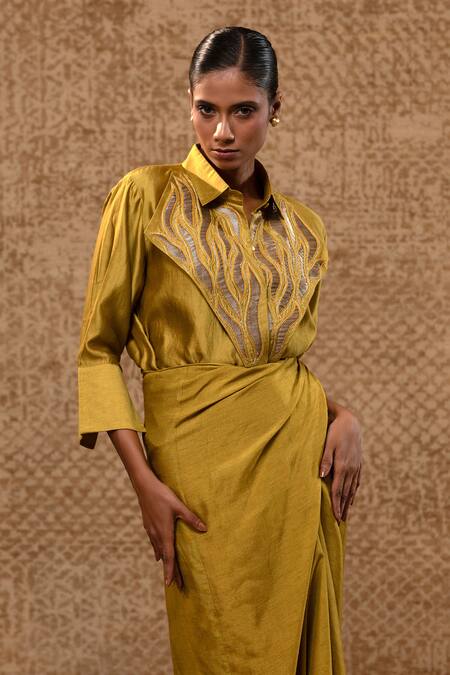 Buy_Eeda_Mustard Embroidery, Patchwork Collared Metallic Silk Shirt And Wrap Skirt _Online_at_Aza_Fashions