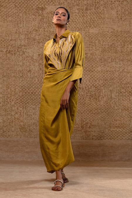 Shop_Eeda_Mustard Embroidery, Patchwork Collared Metallic Silk Shirt And Wrap Skirt _Online_at_Aza_Fashions