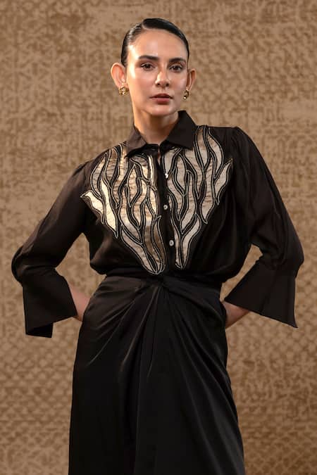Eeda_Black Satin Patchwork, Embroidery Collared Metallic Patch Shirt And Knotted Skirt _Online_at_Aza_Fashions