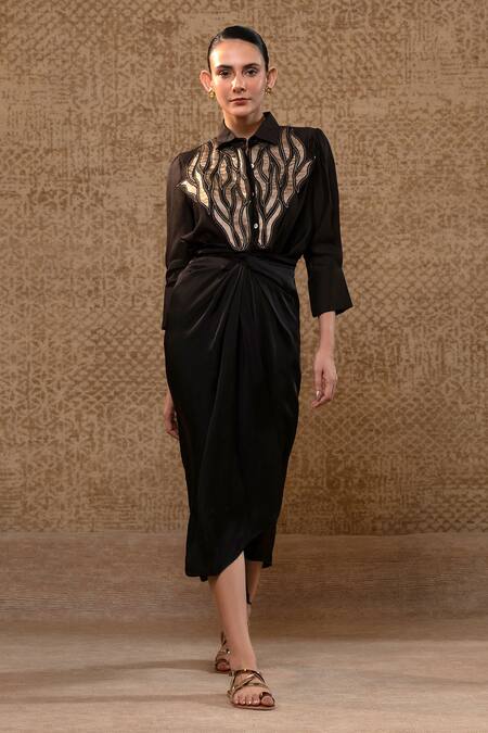 Buy_Eeda_Black Satin Patchwork, Embroidery Collared Metallic Patch Shirt And Knotted Skirt _Online_at_Aza_Fashions