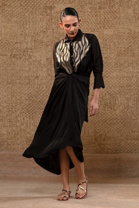 Shop_Eeda_Black Satin Patchwork, Embroidery Collared Metallic Patch Shirt And Knotted Skirt _Online_at_Aza_Fashions