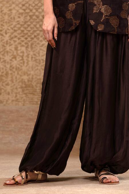 Buy_Eeda_Brown Organza, Chanderi, Sequins, Stripe Jacket, Bustier And Pant Set _Online_at_Aza_Fashions