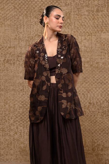 Shop_Eeda_Brown Organza, Chanderi, Sequins, Stripe Jacket, Bustier And Pant Set _Online_at_Aza_Fashions