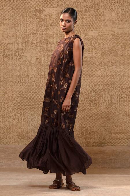 Shop_Eeda_Brown Silk Organza, Silk, Shantoon Applique, Zari-woven Chanderi Flared Dress _Online_at_Aza_Fashions