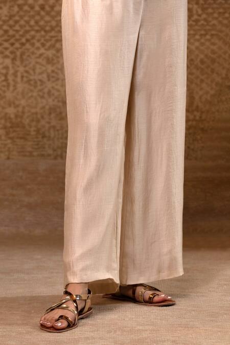 Eeda_Off White Silk Organza, Silk, Shantoon Chanderi Shirt And Wide-leg Pant _Online_at_Aza_Fashions