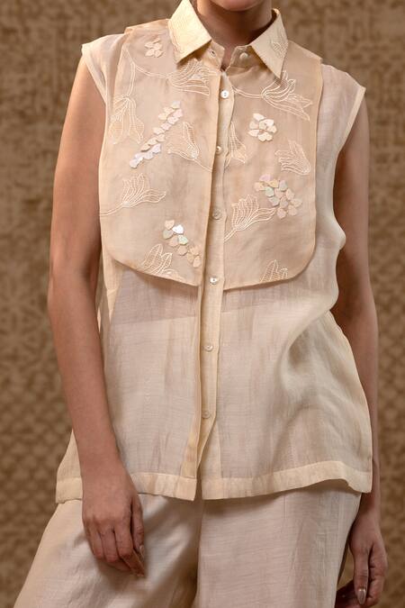 Shop_Eeda_Off White Silk Organza, Silk, Shantoon Chanderi Shirt And Wide-leg Pant _Online_at_Aza_Fashions