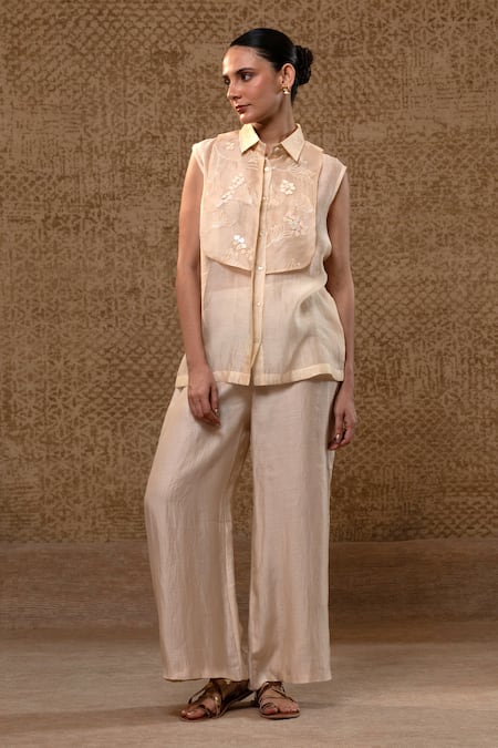 Eeda Chanderi Applique Sequins Shirt & Wide-Leg Pant 