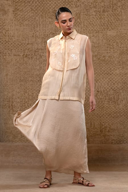 Eeda_Off White Organza, , Satin Mul Chanderi Shirt And Cowl Skirt Set _Online_at_Aza_Fashions