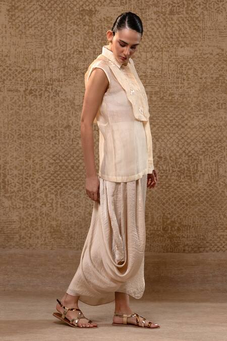 Buy_Eeda_Off White Organza, , Satin Mul Chanderi Shirt And Cowl Skirt Set _Online_at_Aza_Fashions