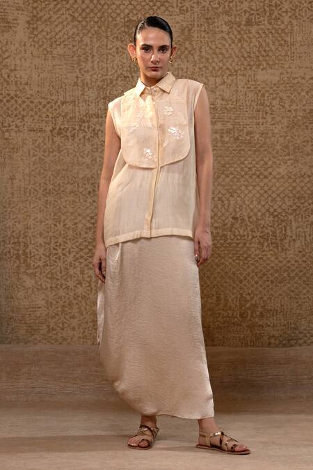 Eeda_Off White Organza, , Satin Mul Chanderi Shirt And Cowl Skirt Set _at_Aza_Fashions