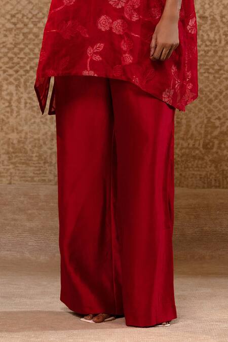Eeda_Red Silk Organza, Chanderi Applique, Sequins Split Floral Kurta And Pant Set _Online_at_Aza_Fashions