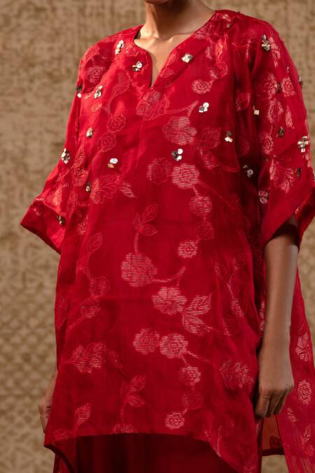 Buy_Eeda_Red Silk Organza, Chanderi Applique, Sequins Split Floral Kurta And Pant Set _Online_at_Aza_Fashions