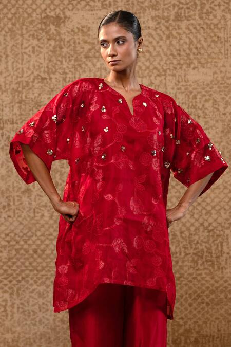 Shop_Eeda_Red Silk Organza, Chanderi Applique, Sequins Split Floral Kurta And Pant Set _Online_at_Aza_Fashions