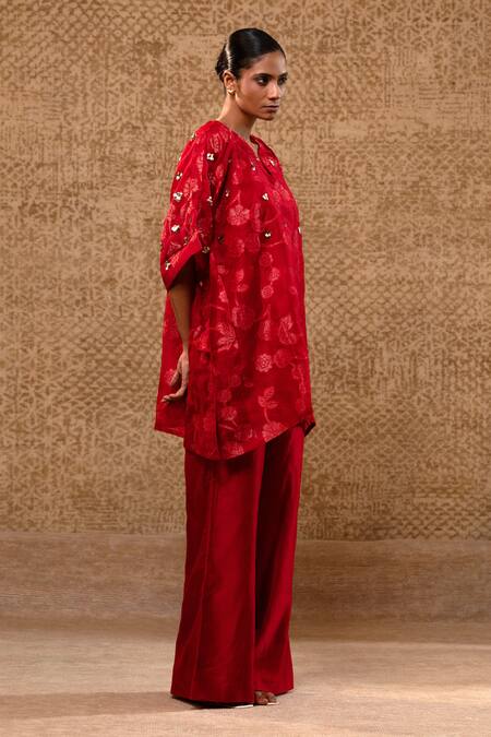Eeda_Red Silk Organza, Chanderi Applique, Sequins Split Floral Kurta And Pant Set _at_Aza_Fashions