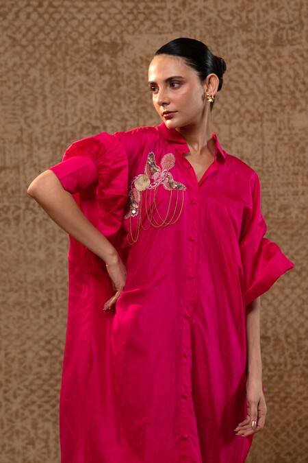 Eeda_Pink Silk Sequins, Chains, Embroidery Collared Sculpted Sleeve Dress _Online_at_Aza_Fashions