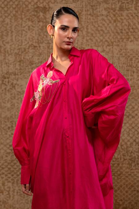 Buy_Eeda_Pink Silk Sequins, Chains, Embroidery Collared Sculpted Sleeve Dress _Online_at_Aza_Fashions