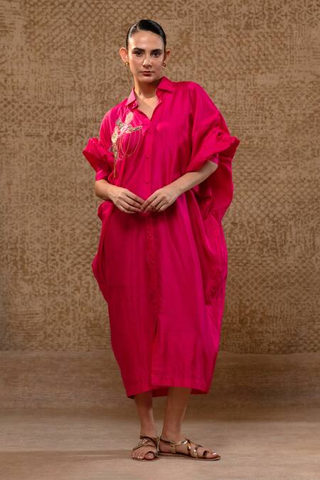 Shop_Eeda_Pink Silk Sequins, Chains, Embroidery Collared Sculpted Sleeve Dress _Online_at_Aza_Fashions