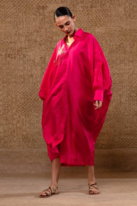 Eeda_Pink Silk Sequins, Chains, Embroidery Collared Sculpted Sleeve Dress _at_Aza_Fashions