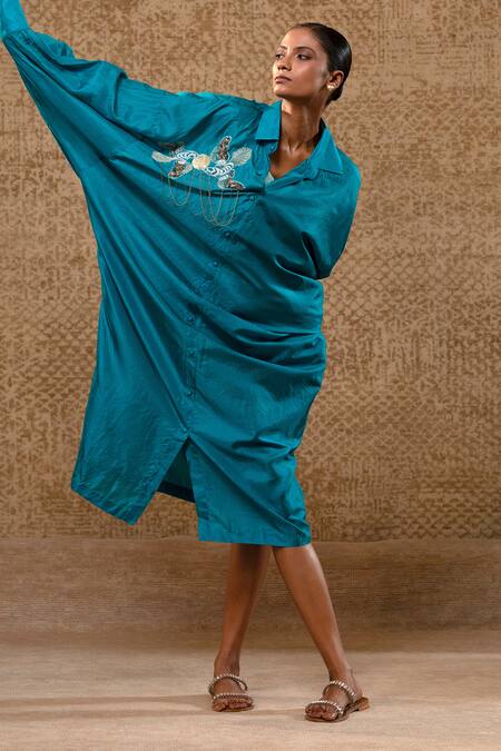 Shop_Eeda_Blue Silk Sequins, Embroidery Collared Sculpted Sleeve Dress _Online_at_Aza_Fashions