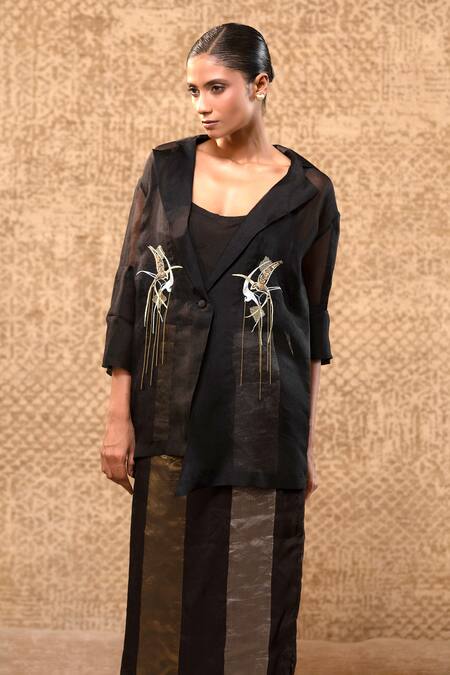 Eeda_Black Silk Organza Embroidery, Chains, Zari V-neck, Zardozi Jacket And Skirt Set _Online_at_Aza_Fashions