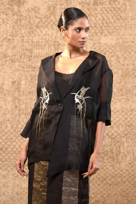 Buy_Eeda_Black Silk Organza Embroidery, Chains, Zari V-neck, Zardozi Jacket And Skirt Set _Online_at_Aza_Fashions