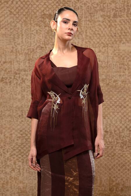 Eeda_Brown Silk Organza, Shantoon Embroidery, Zardozi Jacket, Bustier And Skirt _Online_at_Aza_Fashions