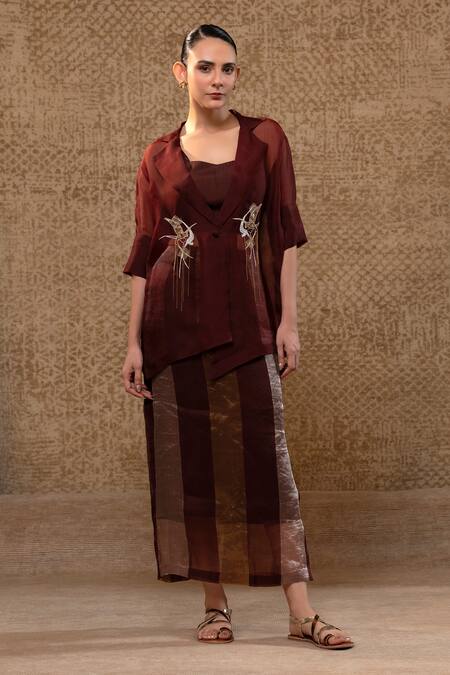 Shop_Eeda_Brown Silk Organza, Shantoon Embroidery, Zardozi Jacket, Bustier And Skirt _Online_at_Aza_Fashions