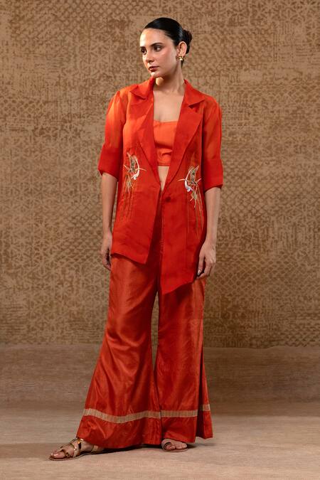 Eeda_Orange Organza, Shantoon, Zardozi And Chain Embellished Jacket Set _at_Aza_Fashions