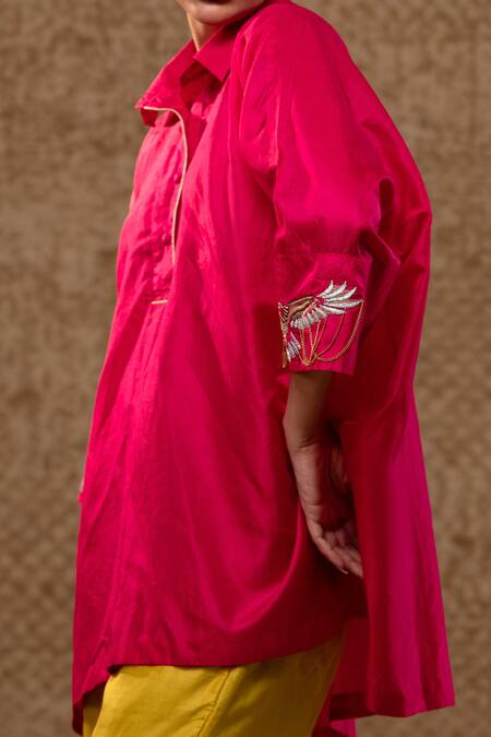 Eeda_Pink Silk Embroidery, Sequins Collared Bird Motif Kurta And Pant Set _Online_at_Aza_Fashions