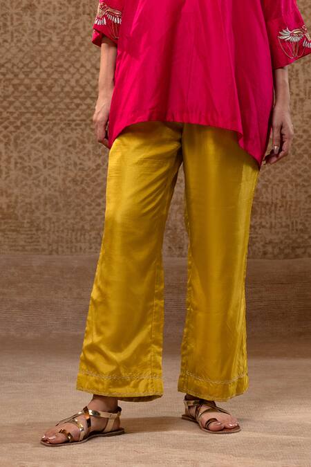 Shop_Eeda_Pink Silk Embroidery, Sequins Collared Bird Motif Kurta And Pant Set _Online_at_Aza_Fashions