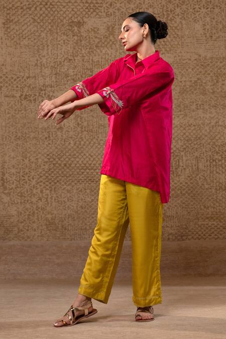 Eeda_Pink Silk Embroidery, Sequins Collared Bird Motif Kurta And Pant Set _at_Aza_Fashions
