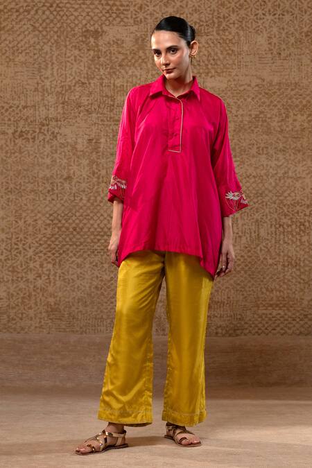 Buy_Eeda_Pink Silk Embroidery, Sequins Collared Bird Motif Kurta And Pant Set 