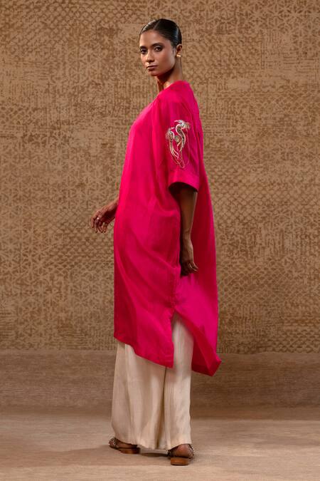 Eeda_Pink Silk Embroidery, Sequins Round Neck Balloon Fit Kurta With Bird Motif _Online_at_Aza_Fashions