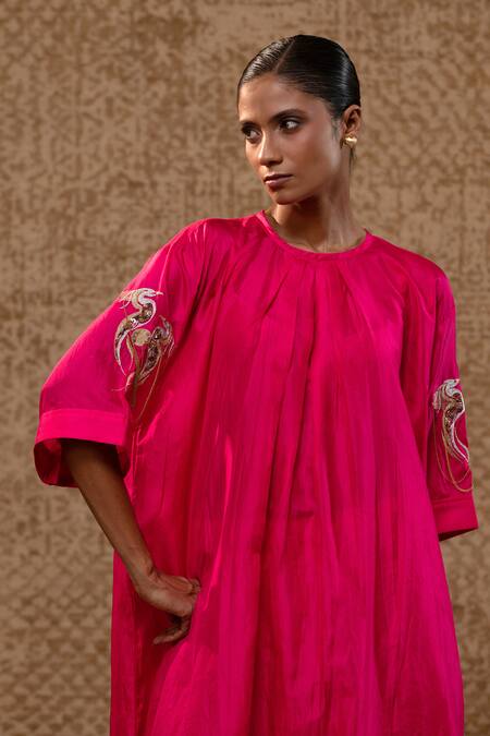 Eeda_Pink Silk Embroidery, Sequins Round Neck Balloon Fit Kurta With Bird Motif _at_Aza_Fashions