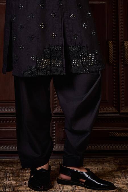 Buy_Histori_Black Cotton, Silk Embroidery, Beads, Sequins Dhagai Kurta And Salwar Set _Online_at_Aza_Fashions